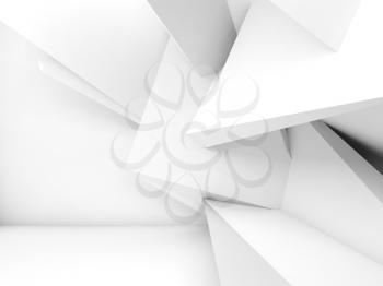 Abstract white interior background, chaotic geometric decoration near the wall, 3d render illustration
