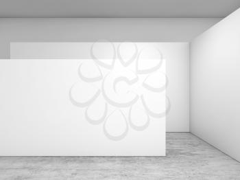 Abstract empty interior, white installation on concrete floor, contemporary architecture design. 3d render illustration