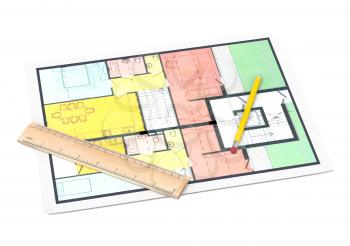 House plan with a pencil and a ruller on white background