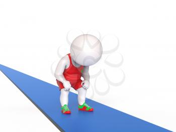 3D little tired man standing on treadmill