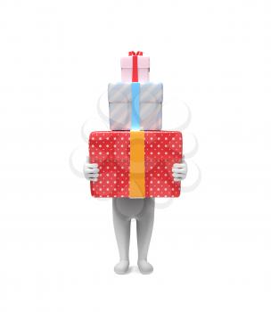 A small person carries three hard box-gifts on white background