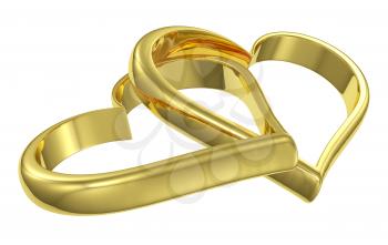 Couple of chained golden hearts isolated on white background diagonal view, wedding symbol