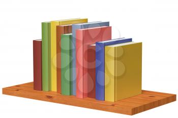 Simple wooden bookshelf with colored books isolated on white 3D illustration