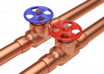 Plumbing pipeline with cold water and hot water pipes water supply system industrial construction: red valve and blue valve on two copper pipes isolated on white background, industrial 3D illustration