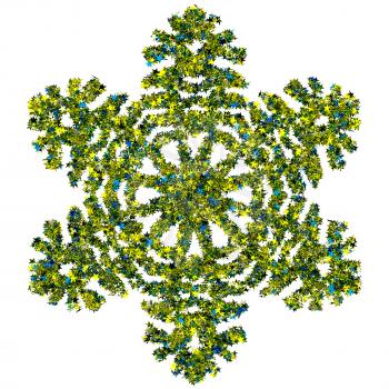 Decorative snowflake made of colored foil stars confetti isolated on white background