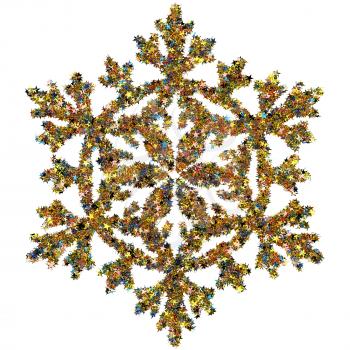 Decorative snowflake made of small colored foil stars confetti isolated on white background