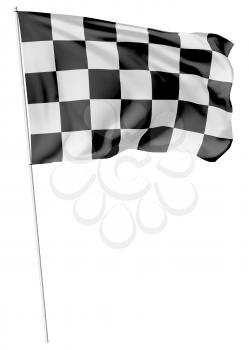 Checkered flag on long flagpole flying in the wind isolated on white, 3d illustration