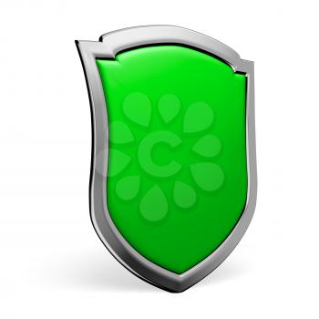 Protection, defense and security concept symbol: green shield on isolated on white background