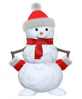 Cheerful snowman with red fluffy hat, scarf and mittens 3d illustration