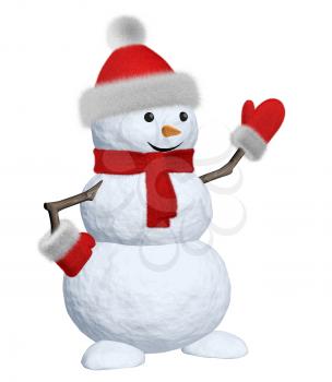 Cheerful snowman with red fluffy hat, scarf and mittens pointing to something 3d illustration