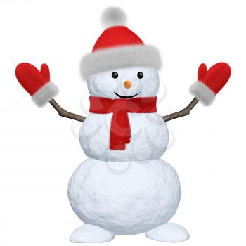 Cheerful snowman with red fluffy hat, scarf and mittens 3d illustration