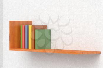 Colored books on wooden bookshelf on the wall with white wallpaper 3D illustration