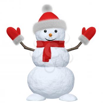 Cheerful snowman with red fluffy hat, scarf and mittens 3d illustration