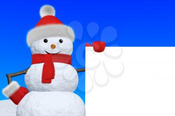 Cheerful snowman with blank white board in red fluffy hat, scarf and mittens on snow under blue sky, 3d illustration