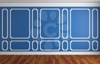 Simple classic style interior illustration - blue wall with white decorative frame on the wall in classic style empty room with dark wooden parquet floor with white baseboard, 3d illustration interior