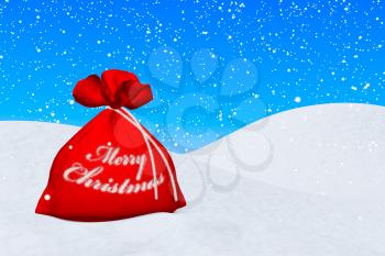 Santa Claus red bag with sign Merry Christmas on the white snow under snowfall and blue sky 3d illustration