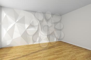 Empty white room corner interior with wall with rumpled triangular geometric surface with sun light from window, with wooden parquet floor and ceiling, 3d illustration