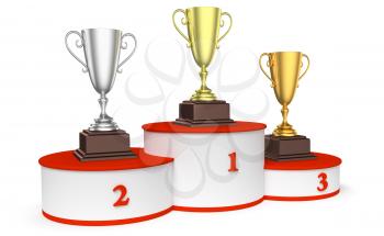Sports winning and championship and competition success concept - golden, silver and bronze winners trophy cups on sports pedestal, white winners podium with red stairs, 3d illustration, diagonal