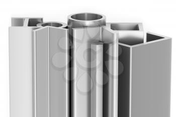 Metallurgical industry products - group of rolled steel metal products (profiles, pipes, girders, bars, balks and armature) on white industrial 3D illustration