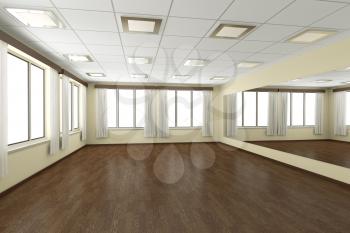 Empty training dance-hall with yellow walls, dark wooden parquet floor, white ceiling with lamps and window with white curtains, 3D illustration