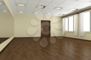 Empty training dance-hall with yellow walls, dark wooden parquet floor, white ceiling with lamps and window with white curtains, 3D illustration