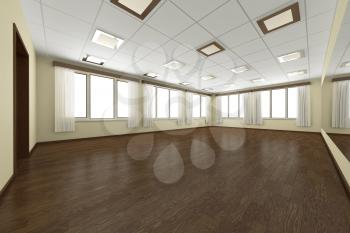 Empty training dance-hall with yellow walls, dark wooden parquet floor, white ceiling with lamps and window with white curtains, 3D illustration