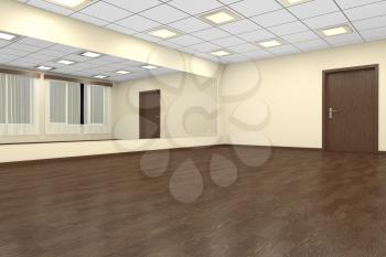 Empty training dance-hall at night with yellow walls, dark wooden parquet floor, white ceiling with lamps and window with white curtains, 3D illustration