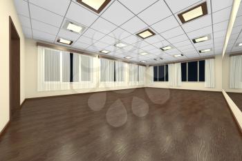 Empty training dance-hall at night with yellow walls, dark wooden parquet floor, white ceiling with lamps and window with white curtains, 3D illustration