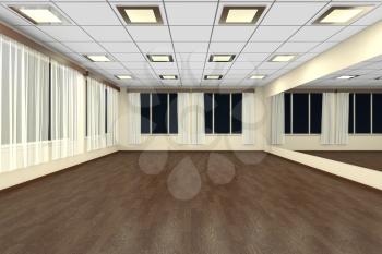 Empty training dance-hall at night with yellow walls, dark wooden parquet floor, white ceiling with lamps and window with white curtains, 3D illustration