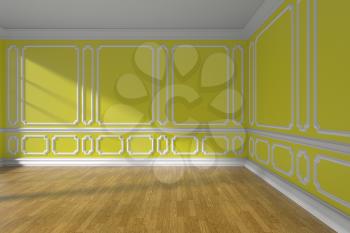 Empty yellow room interior with sunlight from window, decorative classic style molding on walls, wooden parquet floor and white baseboard, 3d illustration