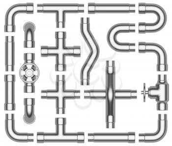 Steel pipeline construction details collection: steel pipes, valves, tubes, fittings, couplers and other steel pipeline elements set isolated on white background, industrial 3d illustration