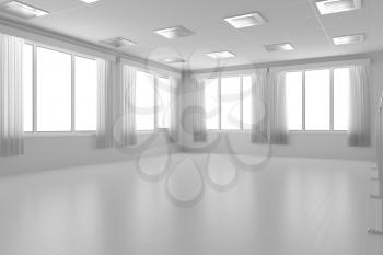 White empty training dance-hall with white flat walls without textures, white parquet floor, white ceiling with lamps and window with white curtains, 3D illustration