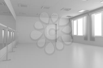 White empty training dance-hall with white flat walls without textures, white parquet floor, white ceiling with lamps and window with white curtains, 3D illustration