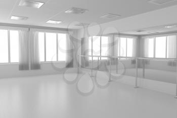 White empty training dance-hall with white flat walls without textures, white parquet floor, white ceiling with lamps and window with white curtains, 3D illustration