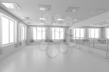 White empty training dance-hall with white flat walls without textures, white parquet floor, white ceiling with lamps and window with white curtains, 3D illustration