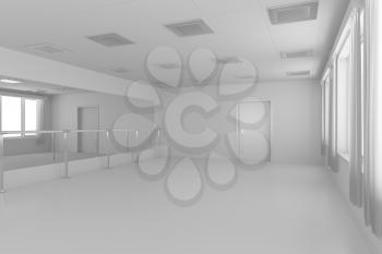 White empty training dance-hall with white flat walls without textures, white parquet floor, white ceiling with lamps and window with white curtains, 3D illustration