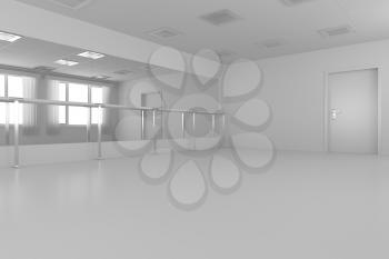 White empty training dance-hall with white flat walls without textures, white parquet floor, white ceiling with lamps and window with white curtains, 3D illustration