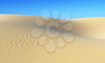 Smooth sand dunes with waves under bright summer sunlight under clear blue sky, natural 3D illustration