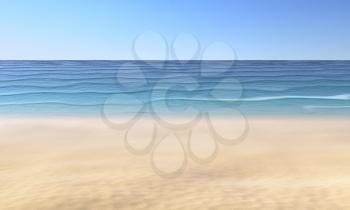 Closeup of sand on tropical sandy beach under summer sunlight and clear blue sky and calm blue sea with waves, nature landscape background, 3D illustration
