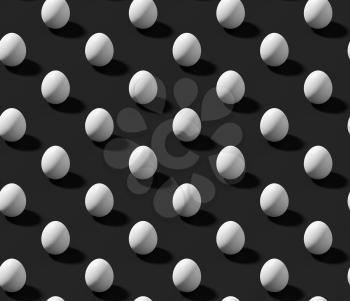 White chicken eggs with shadow on black colorless isometric seamless background, achromatic black background, 3D illustration.