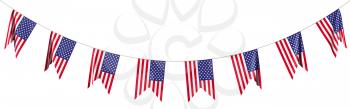 String of USA flags decorative hanging bunting, bright American patriotic flags garlands. 4th of July, Independence day holidays decoration 3D illustration