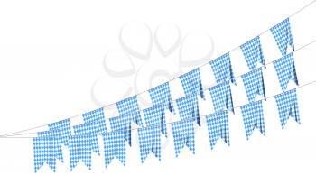 Party flags of Oktoberfest festival buntings garland of Bavarian checkered blue flag with blue-white checkered pattern, traditional Oktoberfest festival decorations isolated, 3D illustration