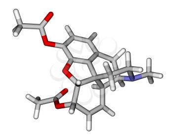 Optimized molecular structure of heroin on a white background