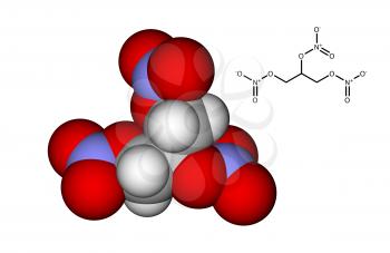 Calculated and optimized molecular structure of 1,2,3-Trinitroxypropane (trinitroglycerin, nitroglycerin) isolated on a white background