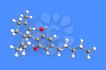 The molecule of cannabidiol isolated on the blue background