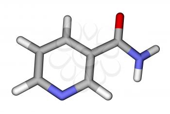 Optimized molecular structure of vitamin nicotinamide on a white background