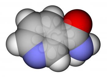 Optimized molecular structure of vitamin nicotinamide on a white background