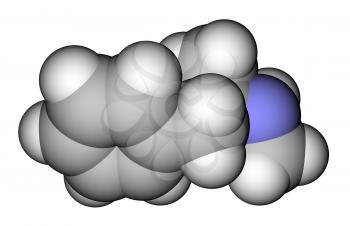 Optimized molecular structure of methamphetamine on a white background