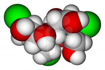 Optimized molecular structure of sweetener sucralose on a white background