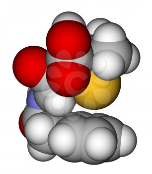 Optimized molecular structure of penicillin G (benzylpenicillin) on a white background